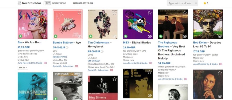 RecordRadar te mostrará de forma instantánea las coincidencias con tus álbumes y artistas, así como todos los detalles para adquirirlas desde Discogs